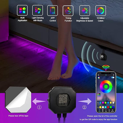 Motion Activated Under Bed Lights,9.84FT App Control Dimmable Night RGB Led Strip Lights,Motion Sensor LED Light Strip with 5V USB, Variety Color Dynamic Modes Music Sync for Cabinet Bedroom Stairs