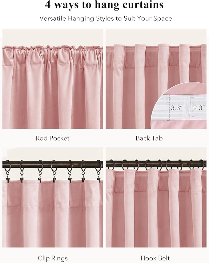 StangH Baby Pink Velvet Curtains 96 Inches Long, Room Darkening Super Soft Drapes with Rod Pocket Back Tab Styling for Living Room Bedroom, Thermal Insulated Window Treatment, W52 x L96 inch, 2 Panels