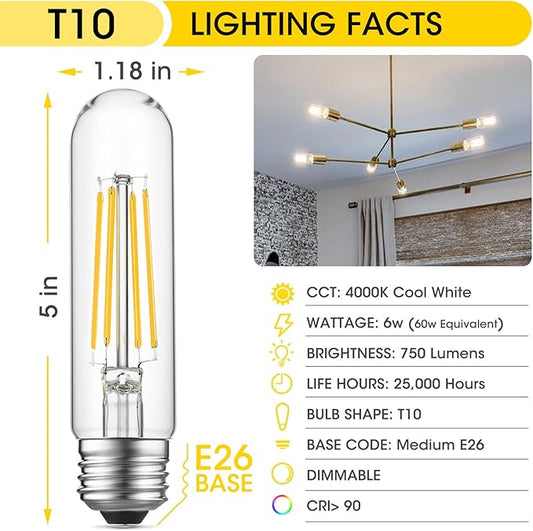 Gozelux Tubular Light Bulbs, T10 LED Edison Bulbs Cool White 4000K, E26 Base, 6 Watt Dimmable Vintage LED Bulbs for Desk Lamp, Curio Cabinet, Aquarium, Chandeliers, Pendant Lights, Pack of 8