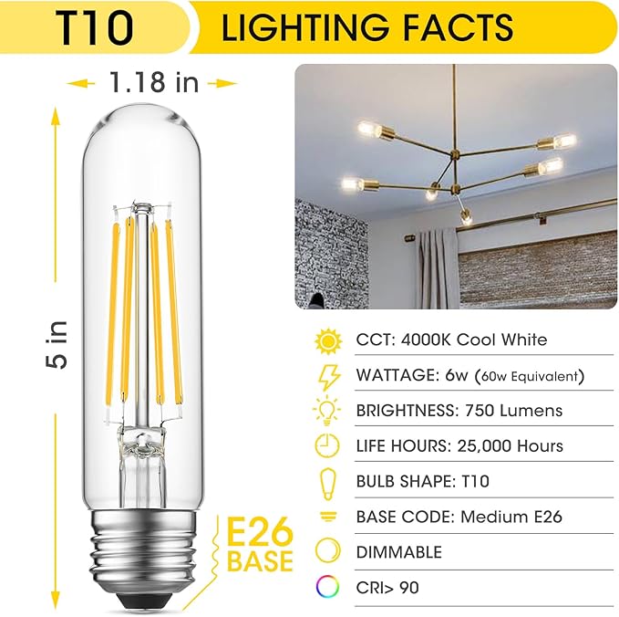 Gozelux Tubular Light Bulb 6W Equal E26 LED Bulb 60 Watt Dimmable Cool White 4000K E26 Edison Bulb AC120V 750LM T9 T10 LED Bulb for Rustic Pendant, Island,Chandeliers, Wall Sconces, Pack of 4