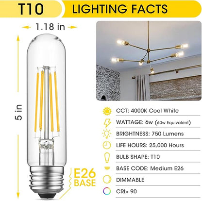 Gozelux Tubular Light Bulb 6W Equal E26 LED Bulb 60 Watt Dimmable Cool White 4000K E26 Edison Bulb AC120V 750LM T9 T10 LED Bulb for Rustic Pendant, Island,Chandeliers, Wall Sconces, Pack of 4