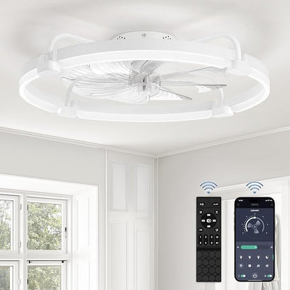 LEDIARY Ceiling Fans with Lights and Remote, 24'' Low Profile Ceiling Fan with Light, 3000-6000K Dimmable Fandelier LED Fan Light, 6 Wind Speeds, White Modern Flush Mount Ceiling Fan for Bedroom