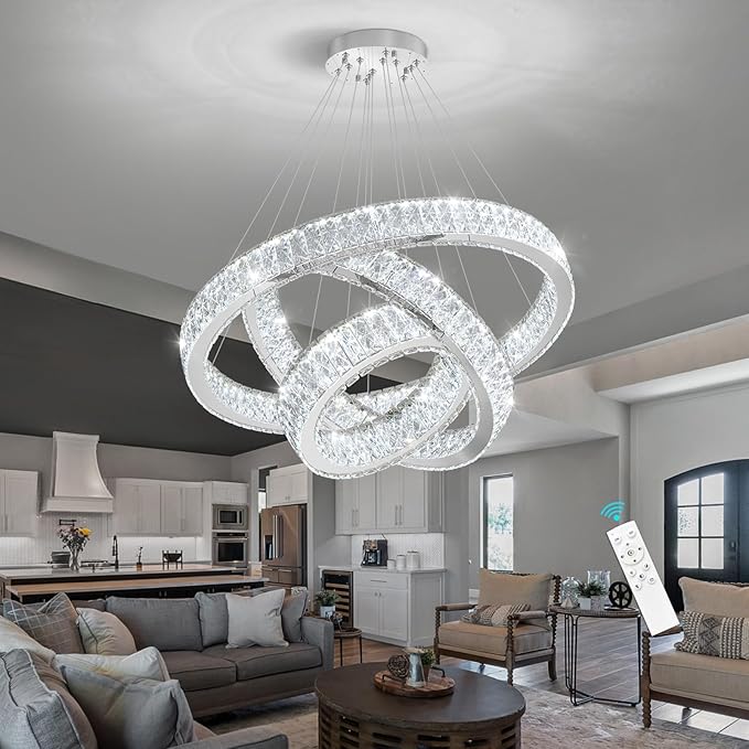 Modern Crystal Chandelier 55W Dimmable LED Chandeliers with Remote Luxury Height Adjustable Pendant Lighting for Living Room Dining Room Silver