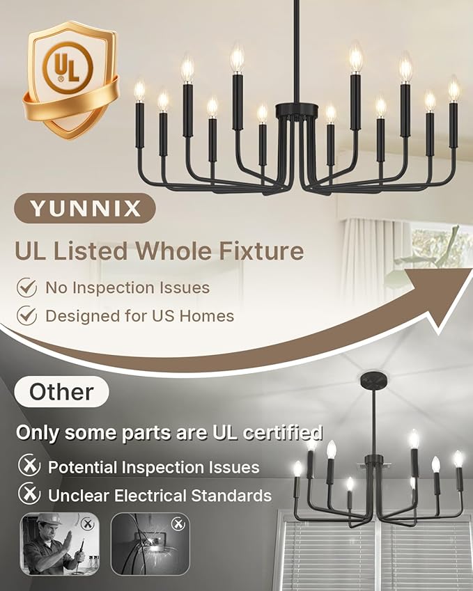 Yunnix 12 Light Black Chandelier, 35" Extra Large Modern Farmhouse Hanging Fixture - Industrial Matte Black Dining Room Light for Kitchen Island, Living Room, Hall, Foyer