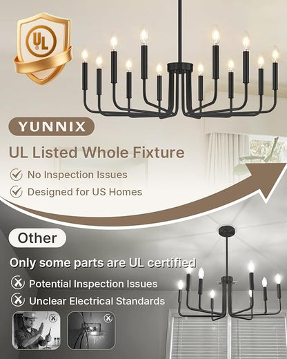 Yunnix 12 Light Black Chandelier, 35" Extra Large Modern Farmhouse Hanging Fixture - Industrial Matte Black Dining Room Light for Kitchen Island, Living Room, Hall, Foyer