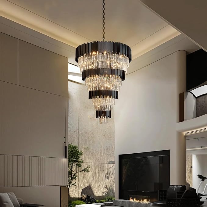 11-Tier K9 Crystal Chandelier, 32" Modern Black Adjustable Height Pendant Light, Luxury Round Chandeliers for High Ceiling, Foyer, Staircase, Entryway, Two-Story Living Room