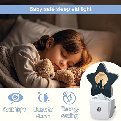 Black Wolf Moon Night Light,Animals Plug-in Star Night Lights with Dusk-to-Dawn Sensor for Bedroom,Bathroom,Living Room Sleep Friendly Lamp for Women Girls Boys Gift,0.5W