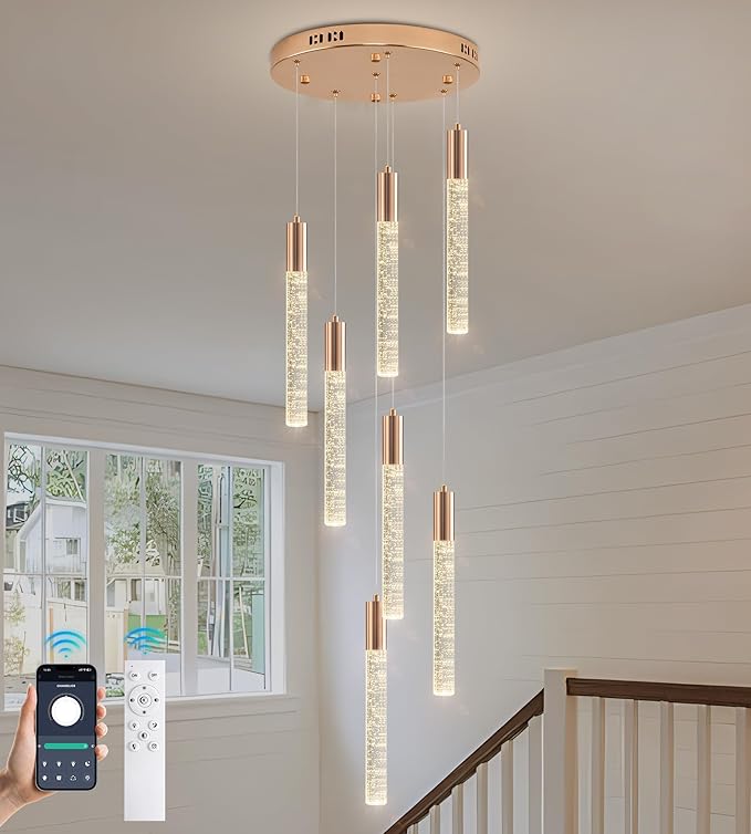 Modern High Ceiling Crystal Chandelier 7-Lights, Spiral LED Raindrop Foyer Pendant Lighting, Bubble Staircase Living Room Hanging Light Fixture Flush Mount Gold