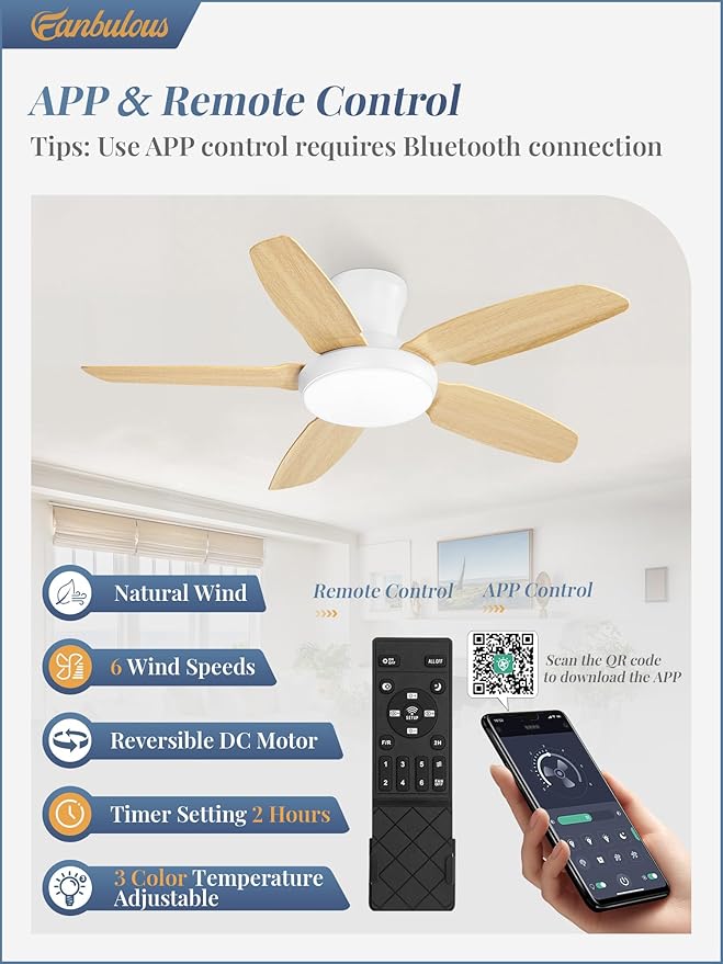 Fanbulous Ceiling Fans with Lights, 42 inch Low Profile Flush Mount Ceiling Fan with Remote/APP Control,Black Modern Ceiling Fan with LED Light for Bedroom Indoor Outdoor-LED Dimmable, 3CCT, 6 Speeds