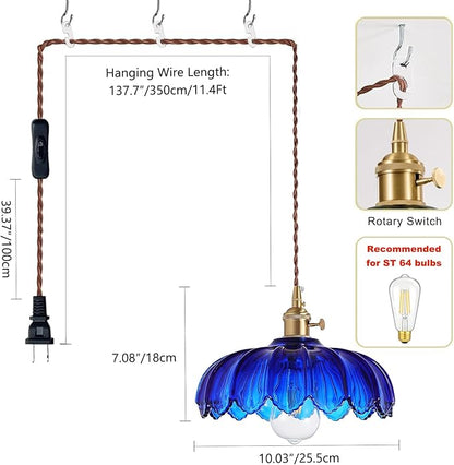 XZHGCEE Plug in Pendant Light: Bule Hanging Light Plug in Fixture Hanging Lamp, Glass Pendant Lighting for Kitchen Island, Bedroom, Dining Room, Living Room, E26 No Bulb