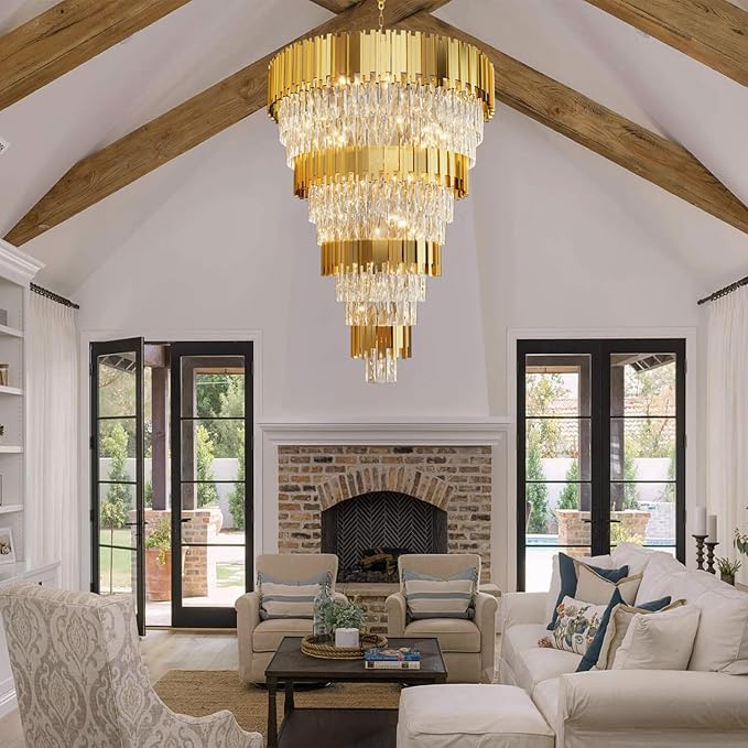 11-Tier K9 Crystal Chandelier, 32" Modern Gold Adjustable Height Pendant Light, Luxury Round Chandeliers for High Ceiling, Foyer, Staircase, Entryway, Two-Story Living Room