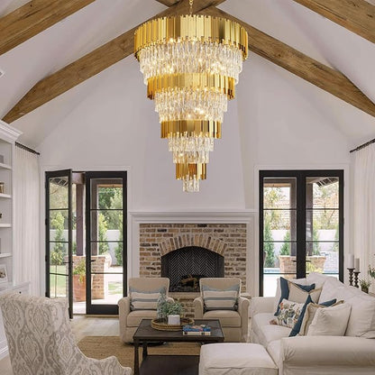 11-Tier K9 Crystal Chandelier, 32" Modern Gold Adjustable Height Pendant Light, Luxury Round Chandeliers for High Ceiling, Foyer, Staircase, Entryway, Two-Story Living Room