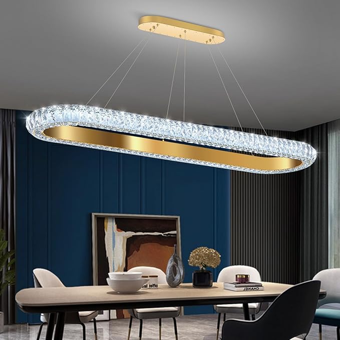 47'' Oval Ring Crystal Chandelier Modern LED Dimmable Ring Pendant Light Chandelier for Dining Room Living Room Gold