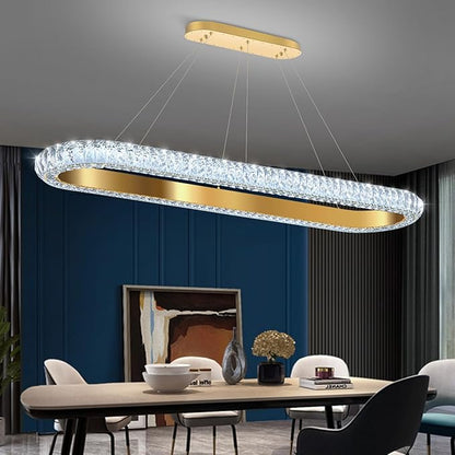 47'' Oval Ring Crystal Chandelier Modern LED Dimmable Ring Pendant Light Chandelier for Dining Room Living Room Gold