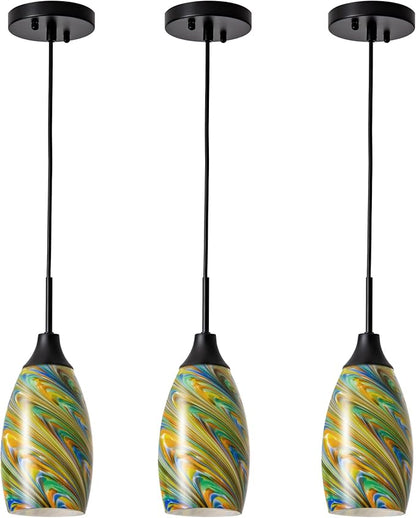 Viinew Mini Glass Pendant Light 4.72" Oval Pendant Lights 3-Pack Handblown Colorful Art Glass Hanging Pendant Light for Kitchen Island Dining Room Living Foyer Hallway Entry Matte Black Metal