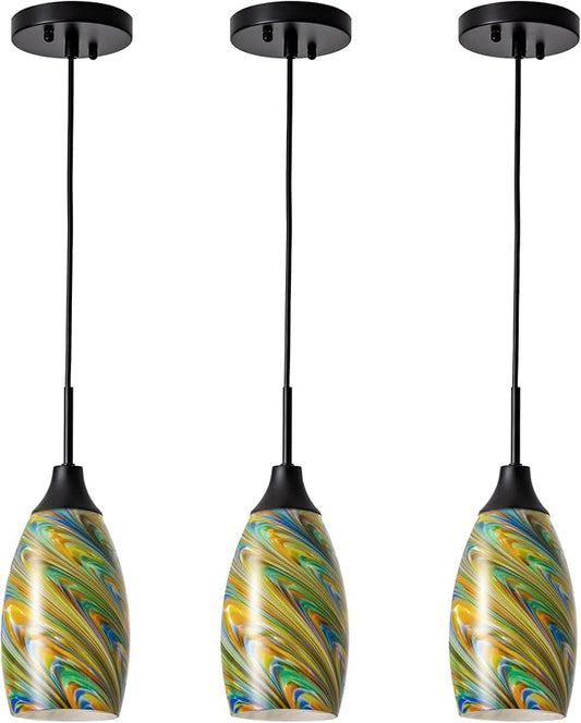 Viinew Mini Glass Pendant Light 4.72" Oval Pendant Lights 3-Pack Handblown Colorful Art Glass Hanging Pendant Light for Kitchen Island Dining Room Living Foyer Hallway Entry Matte Black Metal