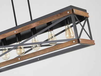Rustic Farmhouse Wood Kitchen Island Lighting, 6 Lights Rectangular Pendant Light Fixture, Adjustable Chain Oak Wood and Metal Linear Chandelier for Dining Room Kitchen Island Farmhouse, Black