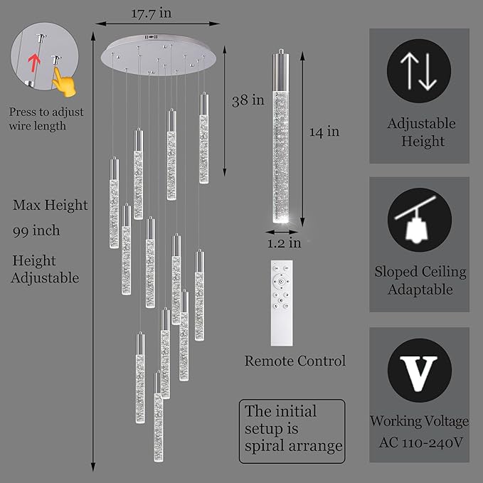Modern High Ceiling Crystal Chandelier 12-Lights, Large Spiral LED Raindrop Foyer Pendant Lighting, Bubble Staircase Living Room Hanging Light Fixture Flush Mount Chrome