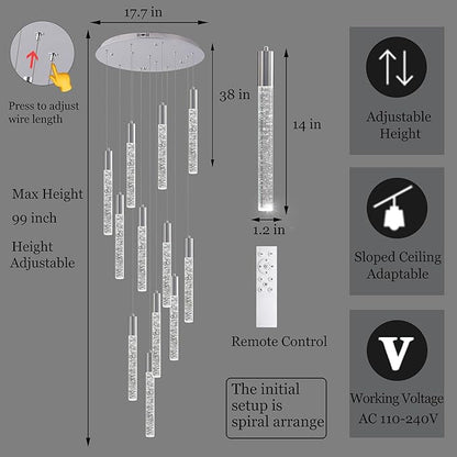 Modern High Ceiling Crystal Chandelier 12-Lights, Large Spiral LED Raindrop Foyer Pendant Lighting, Bubble Staircase Living Room Hanging Light Fixture Flush Mount Chrome