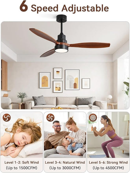 Sofucor Ceiling Fan with Lights and Remote, 52 inch Modern LED Ceiling Fan with 3 Wood Blades and 3 Black Downrods, for Indoor Bedroom Living Room Outdoor Patio Porch, Reversible, Quiet and Powerful