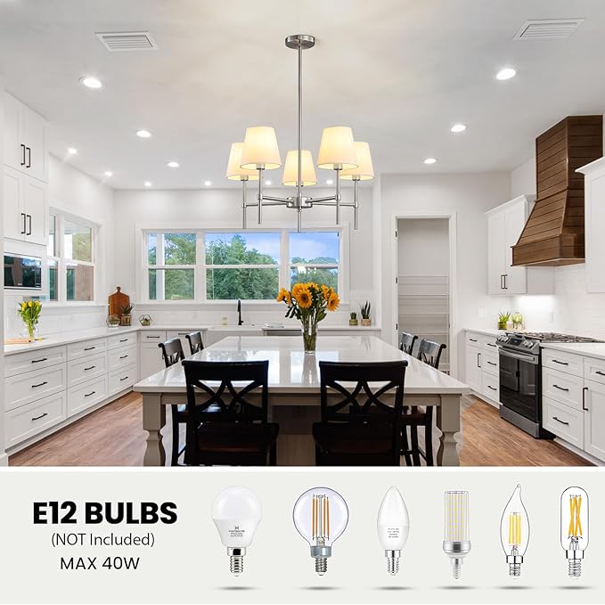RUIYEY Dining Room Chandeliers Light - 5-Light Brushed Nickel Modern Chandeliers Light Fixtures with White Fabric Shade, Height Adjustable Pendant Island Lights for Entryway Farmhouse