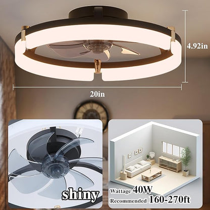Ceiling Fans with Remote and Lights Fandelier - 20'' Low Profile Flush Mount Modern Black Ceiling Fans for Bedroom - 6 Speeds and Stepless Color Temperature Change