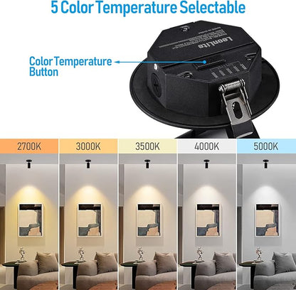 LEONLITE 5 Color Dimmable LED Ceiling Spotlight with Included Junction Box, CRI90 Adjustable Spotlight Directional LED Spot Lights IP65 Outdoor Indoor, 110V-277V, Black Aluminum Housing, Pack of 2