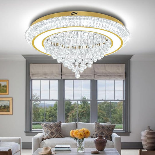 Modern Crystal Chandelier for Living Room, 40in Led Gold Crystal Drop Ceiling Light, Crystals Chandeliers for Dining Room, Living Room, Bedroom