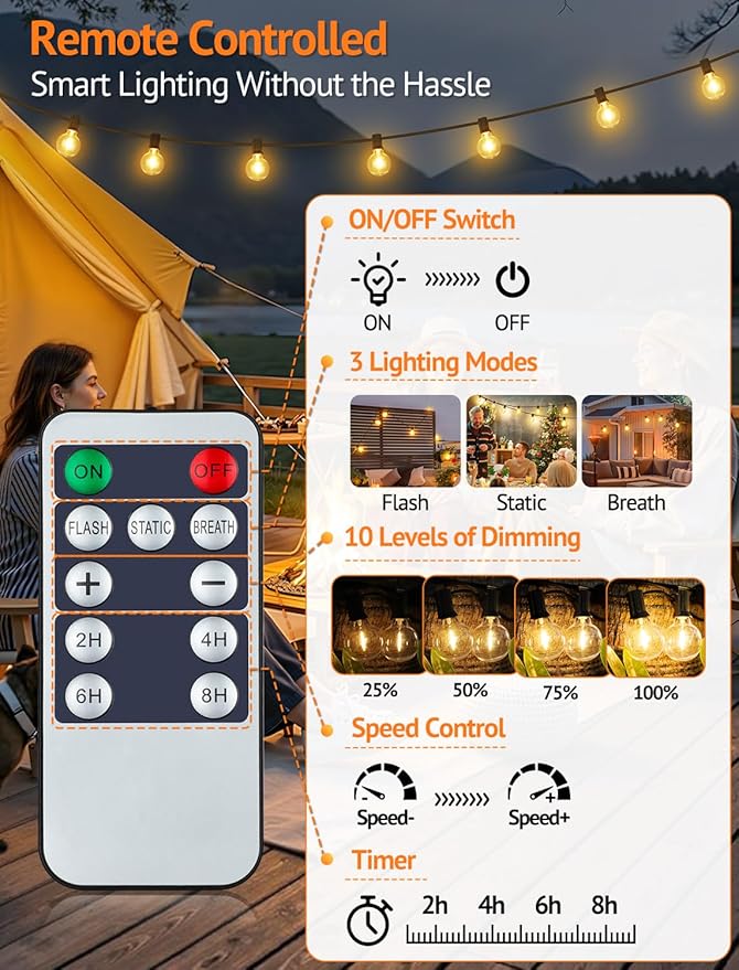 Larkvue 25FT Solar String Lights Outdoor with Remote, Waterproof Dimmable 3 Modes Patio Lights with 10+1 LED Shatterproof G40 Bulbs for Backyard-Black