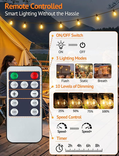 Larkvue 75FT(3x25FT) Solar String Lights Outdoor with Remote, Waterproof Dimmable 3 Modes Patio Lights with 30+3 LED G40 Bulbs for Balcony Yard-Black