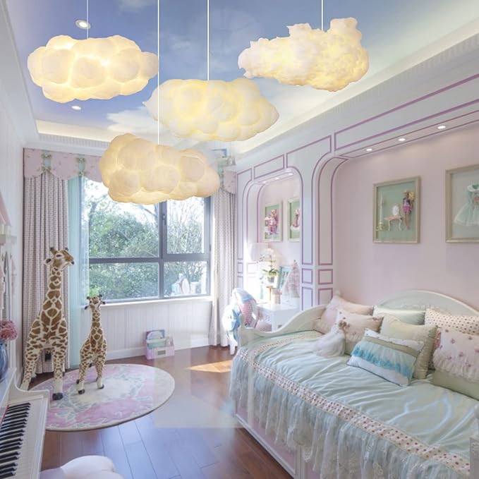 Arturesthome 2-Lights Hanging Cloud Pendant Lighting, Modern Fluffy Cotton Chandelier Ceiling Light Fixture for Children Girls Kids Living Room White-23.6in