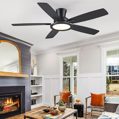 BYKISTOK 52" Flush Mount Ceiling Fan with Lights and Remote - Black Modern Ceiling Fan, Reversible and 5 Dual-Sided Blades, Low Profile Fan Light for Indoor Bedroom, Covered Patios