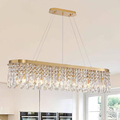 Siljoy Modern Crystal Chandelier for Dining Room, 12-Light Luxury Rectangle K9 Crystal Raindrop Chandelier, Dimmable Oval Crystal Pendant Ceiling Light for Living Room Kitchen Island L47 Inch