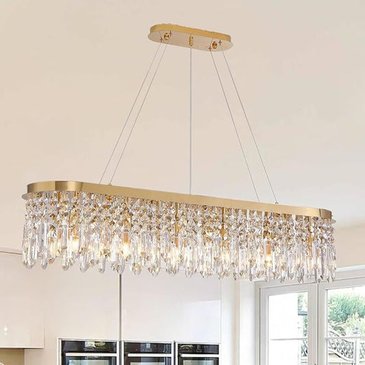 Siljoy Modern Crystal Chandelier for Dining Room, 12-Light Luxury Rectangle K9 Crystal Raindrop Chandelier, Dimmable Oval Crystal Pendant Ceiling Light for Living Room Kitchen Island L47 Inch