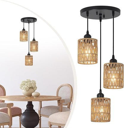 LAMSU 3 Lights Rattan Pendant Light, Farmhouse Dining Room Light Fixtures Ceiling Hanging, Boho Pendant Lighting with Hand Woven Wicker Shades for Kitchen Island Living Room Bedroom Foyer Hallway