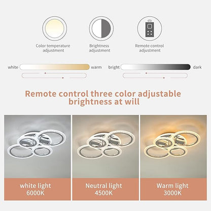 Garwarm Modern Ceiling Light 58W Dimmable Flush Mount LED Ceiling Lamp 4 Rings Acrylic Ceiling Chandelier for Living Room Dining Room Bedroom,Chrome
