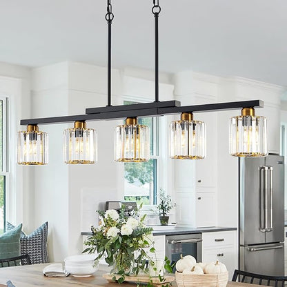 Kitchen Island Light Fixtures ，5 Lights Black and Gold Chandeliers for Dining Room Over Table, Modern Luxury Crystals Pendant Lighting Hanging