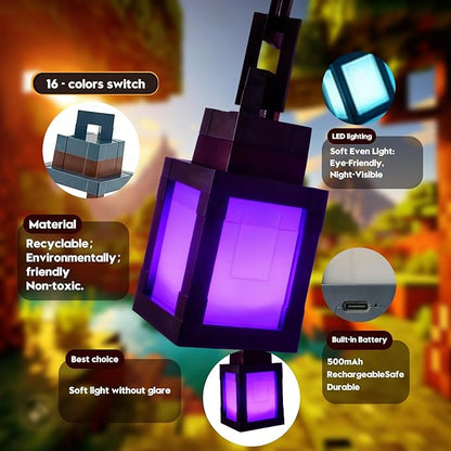 DBZ Pixelated Lantern Night Light, 16 Colors Rechargeable LED Light with Touch Switch & Remote Control, Retro Style Pixel Table/Wall Light for Kids Bedroom, Gaming Room Decor Gift