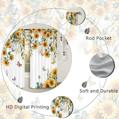 Yellow Sunflower Country Kitchen Curtain 27.5W X 39L Inch 2 Panel Rod Pocket Rustic Floral Flower Butterfly Farmhouse Over Sink Set Small Short Cafe Tier Window Drapes Bathroom Home Decor