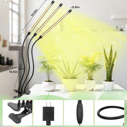 Led Grow Lights, 3 Heads Full Spectrum Plant Light with Clamp for Indoor Plants & Seed Starting, 10-Level Dimmable, Auto On Off, Timing 3 9 12Hrs
