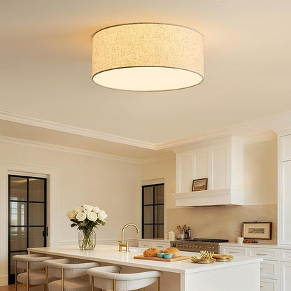 16-Inch Flush Mount Ceiling Light Fixture with Linen Fabric Shade, Modern Drum Light Fixture 3-Light Bedroom Lights for Ceiling, Farmhouse for Living Room, Dining Room, Kitchen, Entrance