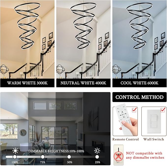 Modern LED Chandelier 7-Ring Chandeliers High Ceiling Black 31" Large Foyer Chandeliers Dimmable Luxury Contemporary Chandelier Light for Living Room Staircase Entryway, 3000K-6500K