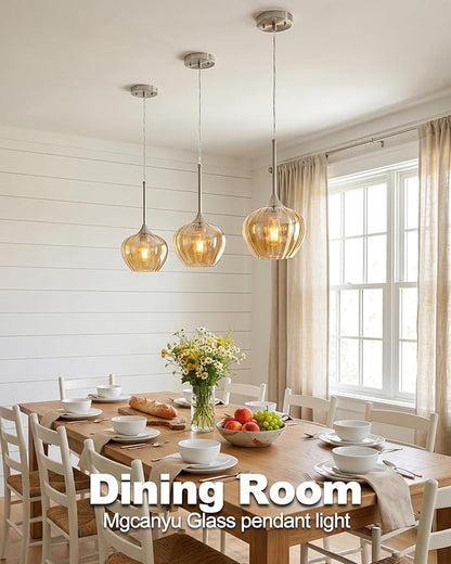 Amber Pendant Lights Kitchen Island, 7" Modern Glass Adjustable Pendant Lighting Brushed Nickel Hanging Light Fixtures for Kitchen, Dining Room, Sink, Bathroom