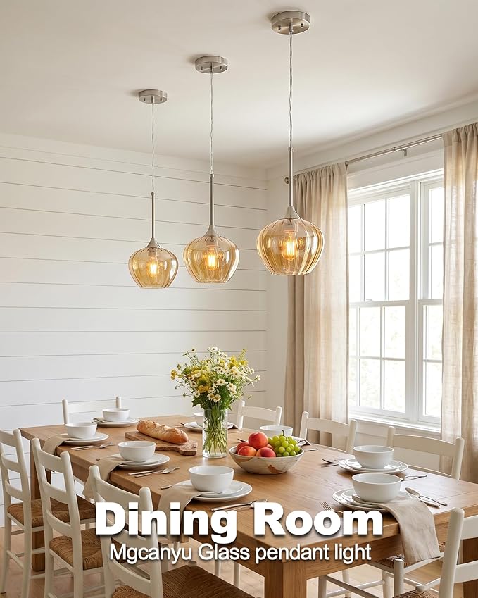 2-Pack Amber Pendant Lights for Kitchen Island, 7" Modern Glass Pendant Lighting with Brushed Nickel Vintage Light Fixtures Adjustable Hanging Light for Kitchen, Dining Room, Bar, Bathroom