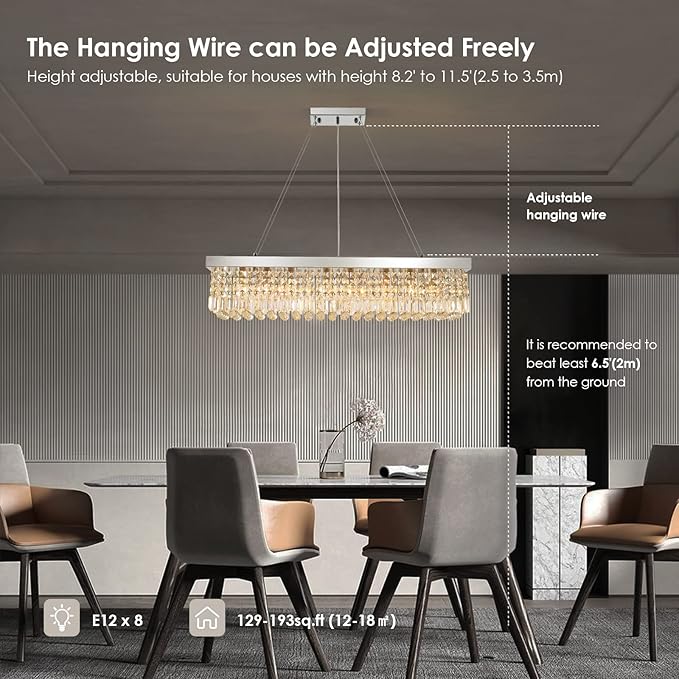 Siljoy 8 Lights Modern Crystal Chandeliers, Rectangular K9 Crystal Raindrop Chandelier, Rectangle Pendant Ceiling Light for Dining Room Kitchen Island, Adjustable Hanging Height, L40 x W10 x H10