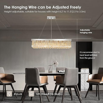 Siljoy 8 Lights Modern Crystal Chandeliers, Rectangular K9 Crystal Raindrop Chandelier, Rectangle Pendant Ceiling Light for Dining Room Kitchen Island, Adjustable Hanging Height, L40 x W10 x H10