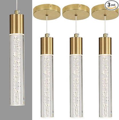 3 Pack Modern Kitchen Island Hanging Light, Gold LED Pendant Lights Fixture, Bubble Acrylic, 3 Color Temperatures, Mini Ceiling Chandelier Lighting for Dining Room, Bedroom, Foyer Entrance, Cafe Bar