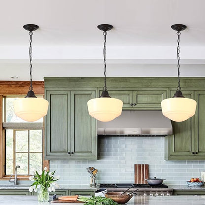 Schoolhouse Pendant Fixture, 12 Inch Black Finish with Milk Glass Adjustable Mid Century Ceiling Pendant Lighting, Pendant Light Fixtures for Kitchen Hallway Entrywa Dining Room…