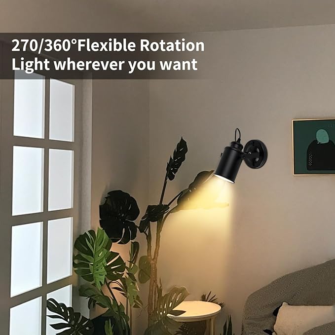 TISLYCO Black Wall Sconces Set of Two, Industrial Track Lighting Ceiling Spotlight, Matt Black Vintage Wall Mount Lights, Rotate Head Lamp for Indoor Living Bedroom Loft Cafe Bar