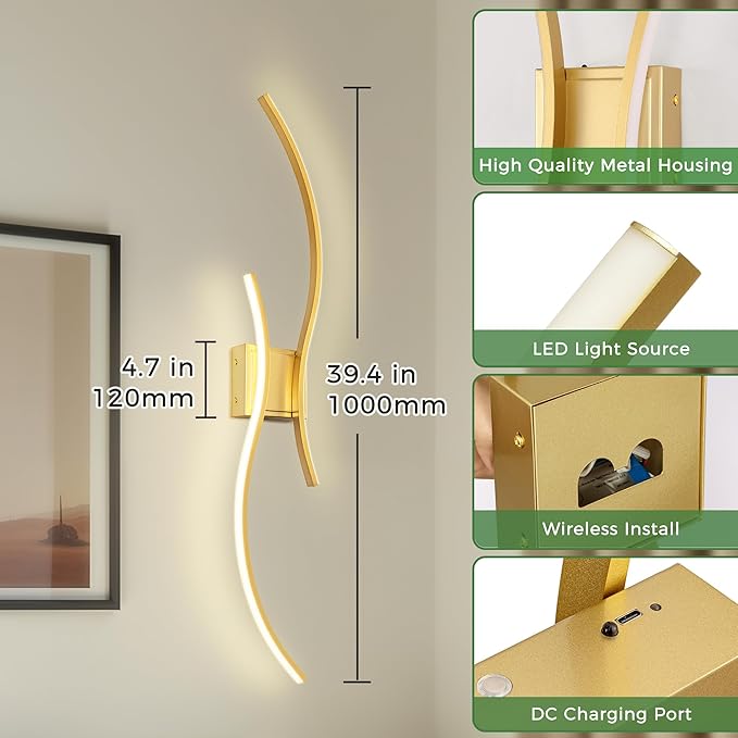 DORESshop Battery Operated Wall Sconces Set of 2, Battery Wall Sconce 8000mAh, Gold Rechargeable Sconces 3CCT + RGB, 39 Inch Modern Wireless Wall Lights, Sconce Wall Decor for Bedroom, Living Room
